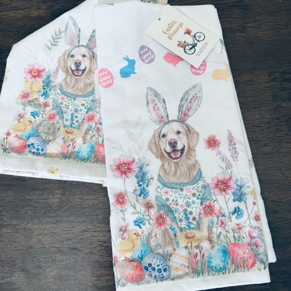 Other - Easter Bunny Dog Golden Retriever Floral Beaded Dish Towels Tea Towels Set